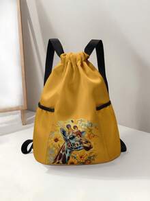 1pc Drawstring Bag With Giraffe Pattern, Black Drawstring Backpack For Sports, Fitness, Travel, Swimming, Beach, Gym Training, Unisex, Back To School - Multicolor - View 10