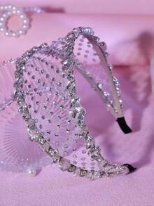 1 Piece Silver Rhinestone Wide Headband With Mesh Hollow Out Shiny Hair Accessory For Holidays Birthdays Parties Leisure College Style Campus Accessories, Hair Band, Hair Hoop, Autumn - Silver - View 7