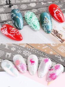1/2/3/4/6 件套冬季圣诞美甲模板，含美甲印章、刮刀、圣诞雪花、驯鹿、圣诞树、时钟、雪人图案美甲模板、冬季美甲烫印板设计 DIY 美甲工具 - 銀色 - 查看 5