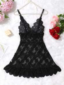 情趣内衣女镂空性感修身印花蝴蝶结蕾丝吊带裙睡裙情趣内衣睡衣性感内衣服装情趣内衣裙 - 黑色 - 查看 1