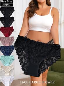 8条/包 大码女士花卉蕾丝高端设计内裤，弹力透气中腰，超柔软精致蕾丝，日常穿着舒适（必备套装） - 彩色 - 查看 2