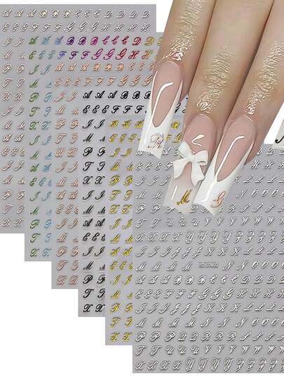 6 Sheets 3D Retro English Letters Nail Art Stickers, 6 PCS 3D Self-Adhesive Black Gold Silver Colorful Alphabet Design Nail Decals Personalized Letter Nail Art Stickers For Women Manicure DIY