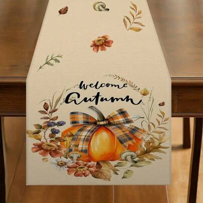 1pc Farmhouse Table Runner - Autumn Pumpkin Floral With Welcome Autumn Text In Orange, Red, Blue, Green, - Linen Seasonal Fall Thanksgiving Decor For Dining Table, Kitchen, Harvest Party - IndoorOutdoo