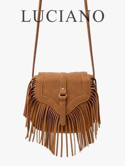 Women's Bag, Brown, Vintage Tassel Crossbody Bag, Bohemian Style Shoulder Bag, Flap Leather Small Square Bag, Rivet Decoration, Tassel Design, Frosted Feeling, Western Style, Women's Shoulder Bag, Women's Crossbody Bag, Adjustable Shoulder Strap, Suitable For Retro Girls, Artistic Youth, Fashionistas, Versatile All Year Round, Can Be Used For Daily Commuting, Travel, Vacation, Camping, Photography, Dressing, Going Out, Parties, Small Size, Boho