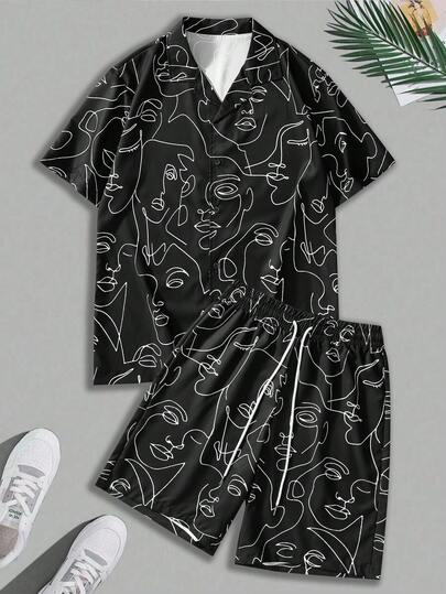 طقم قميص وشورت كاجوال للرجال مطبوع بوجه، صيفي