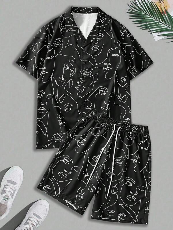 1 Set Men's Casual Face Print Shirt & Shorts Suit, Summer Collared Shirt & Knee-Length Pants Set