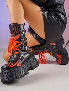 Women'S Y2K Style Punk Rock Platform Sneakers, Solid Color Lace-Up Mid Calf Booties, Non-Slip Rubber Sole, Comfortable Low Top Round Toe Boot With Thick Sole - 橘色 - 查看 2