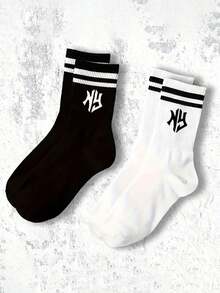 1/10双装中筒袜，黑白相间，印有NY字母图案，双条纹设计，休闲百搭运动袜，适合日常穿着 - 黑與白 - 查看 4