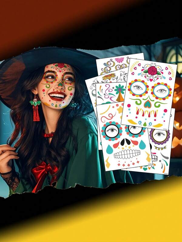 9 قطع/1 مجموعة ملصقات وشم على الوجه لحفلات عيد الموتى/هالوين مقاومة للماء والعرق ،ديكورات مكياج كوستيوم مخيف ومضحك للتنكر وحفلات الرعب والتنكرية