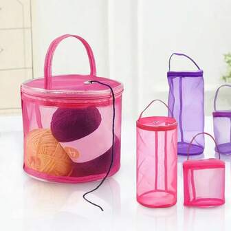 1pc Colorful Nylon Mesh Crochet Drawstring Bag - Durable Handcraft Storage Pouch With Zipper Closure, Suitable For Yarn, Crochet Hooks - Rose Red/Purple, Yarn Storage Bag