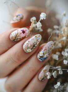 Enhance Your Look With 24Pcs Almond-Shaped Summer Painted Fresh Flower Wear Nail Art, Removable, Contains 1Pc Jelly Glue And 1Pc Nail File For Daily Wear And Parties Press On Nails Nail Supplies Nails