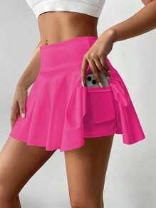 高腰白色网球短裙，二合一防闪光高尔夫、羽毛球、健身短裙，带口袋，夏季运动裙裤，侧袋户外跑步运动新款女式短裙 - 玫紅色 - 查看 6