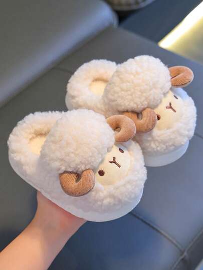 1 Pair Kids Plush Slippers, New Cute Animal Pattern Soft Bottom Thick Warm Indoor Slippers For Winter