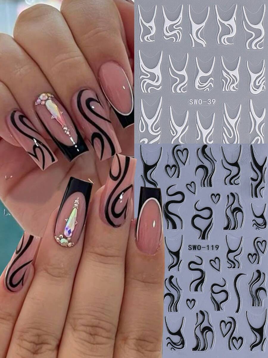 2 件法式黑白 5D 亚克力指甲贴纸线条心形涂鸦美甲图案法式漩涡 DIY 自粘 5D 浮雕图案美甲装饰用品适合女士女孩 - 黑與白 - 查看 1