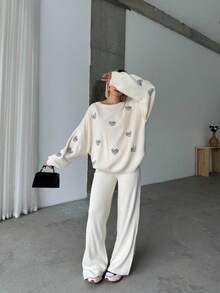 Women Casual Heart Pattern Round Neck Long Sleeve Pullover Top And Long Pants Set, Embroidery Design - White - View 5