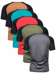 5pcs Men's Summer New Short Sleeve T-Shirt, Raglan Sleeve Printed, Multi-Color Available For Travel,Holiday,Outdoor,Undershirt