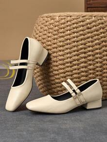 MonaNise 女式 3 厘米布跟黑色时尚百搭海军蓝、咖啡色、酒红色玛丽珍低跟粗跟休闲鞋，四季皆宜 - 杏色 - 查看 2