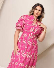 Women's Fashion Midi Dress In 3D Laise Fabric With Elastex On The Back And Button On The Front And Lining - 粉紅雙色3d - 查看 3