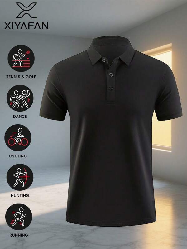 2025 Summer Men's Black Polo Shirt – Quick-Dry Ice Silk Lapel Golf Shirt For All Sizes (XXS To XXXL) | Breathable, Lightweight & Solid Color Design For Outdoor Sports, Business & Casual Wear (1 Piece)