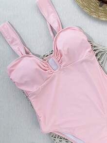 1pc Women's One-Piece Swimsuit With Lining, Wide Strap Design Elegant & Fashionable, Retro Color Tone Radiates Mature Charm Vacation Beach - Pink - View 5