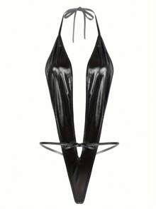 Hot Glitter PU Leather Teddy, Deep V Halter Backless Bodysuit, Women's Sexy Lingerie & Underwear - 黑色 - 查看 8