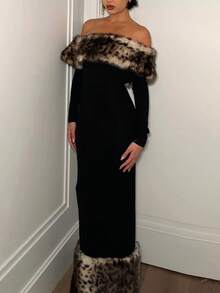 Sexy Off Shoulder Long Sleeve Bodycon Knitted Dress For Women Leopard Print Faux Fur Details Backless Elegant Party Midi Dress
