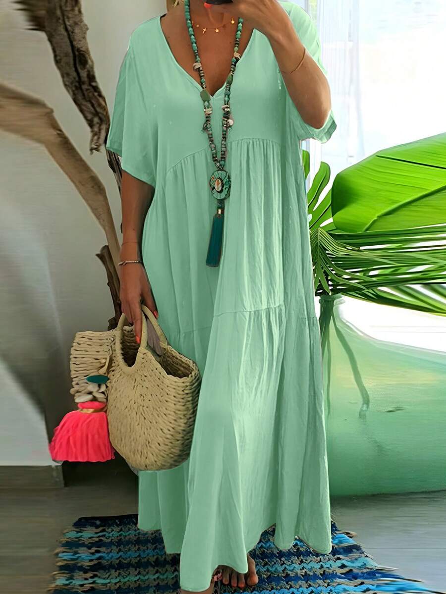 女式加大码V领宽松休闲纯色长裙