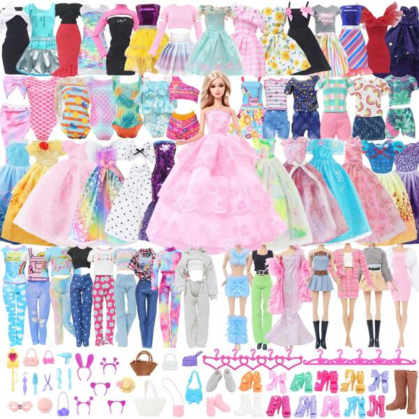 Set de regalo de 50 piezas de ropa y accesorios para muñecas, que incluye 2 vestidos de princesa, 3 faldas cortas, 2 trajes de baño, 2 pantalones cortos, 3 atuendos diarios, 18 accesorios, 10 ganchos y 10 zapatos para muñecas de 11.5 pulgadas (SIN MUÑECA)