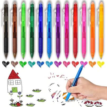 12 Colorful Erasable Gel Pen Set, 0.5mm Fine Point Cute Pen, Side Click Pen For Writing Drawing Planners Office And School Supplies, Make Mistakes Disappear Anytime,School Supplies,Back To School