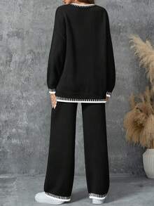 2 Stücke Damen Farbblock Pullover Set, Langarm Rundhals Pullover Top und Hose, Damen Lässig Loungewear Set für Herbst/Winter