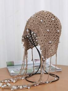 1 件镂空珍珠装饰帽，优雅百搭镂空花朵女帽，轻盈春夏时尚针织钩针头饰秋季配饰