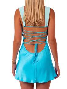Women Y2k Back Tie Up Bow Mini Dress Summer Sleeveless Contrast Colors Backless Cami Dress Ruched Flowy Beach Vacation Short Dresses - 藍色 - 查看 8
