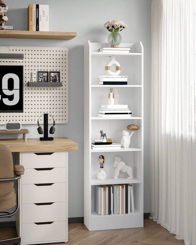 Hzuaneri Bookcase, 6-Tier Narrow Tall Bookcase Bookshelf, Open Wooden Storage Shelving Unit With Adjustable Shelf For Bedroom, Living Room, Home Office, Sturdy White