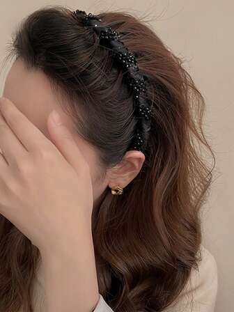 1条黑色仿珍珠手工串珠发箍，奢华百搭，适合派对和日常佩戴，发带，发箍，秋季发饰，女士发箍