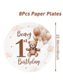 Set di stoviglie monouso per feste di 1° compleanno a tema orsetto marrone, 8 piatti di carta da 7/9 pollici, 8 bicchieri di carta, 16 tovaglioli di carta, forniture per la decorazione del tavolo per la festa di compleanno o festa di nascità a tema orsetto, decorazioni per la festa, accessori per la festa di compleanno o festa di nascità a tema orsetto, set di piatti di carta usa e getta per l'evento di compleanno, omaggi