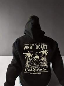 Y2K Vintage Men's West Coast Graphic Hoodie, California Sunset Beach Palm Tree Design, Loose Streetwear Fall Winter Hooded Sweatshirt, Long Sleeve Top - Black - View 3