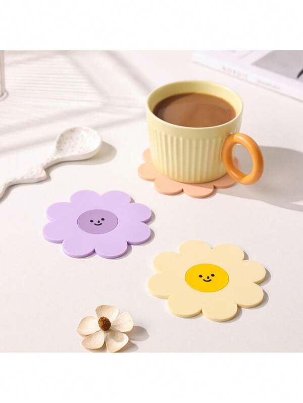 3pcs Flower Shaped Silicone Cup Coaster, Water-Resistant & Anti-Slip, Heatproof, Cute Floral Design Beverage Mats For Coffee Mugs, Kitchen & Dining Table Decor