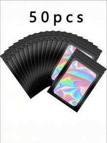 100/10pcs Transparent Holographic Bags, Odor-Proof Packaging Bags, Sealed Bags, Polyester Film Food Storage Bags, Zipper Sealed Bags, Polyester Film Holographic Resealable Bags, Gift Bags, Odor-Proof Bags, Aluminum Foil Bags, Suitable For Party Gifts Food Storage, Polyester Film Bags, Transparent Window Holographic Resealable Packaging