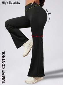 2 件女式口袋瑜伽裤高腰无缝喇叭腿紧身裤健身房收腹高弹透气运动裤户外纯色束腰健身阔腿裤 - 彩色 - 查看 4