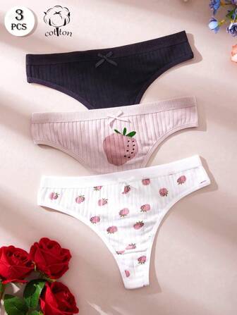 3 st sexiga stringtrosor tryckta söta stringtrosor med rosett damtrosor jordgubbsfärgade T-rygg stretchiga komfortstringtrosor