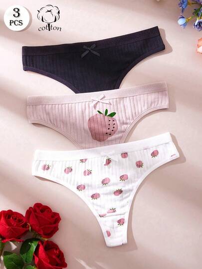 3 件性感丁字裤印花可爱丁字裤蝴蝶结女士内裤草莓 T 背弹力舒适丁字裤