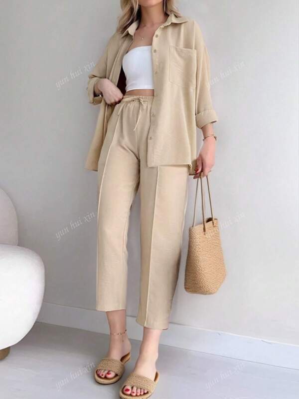 Set de 2 piezas de camisa de manga larga y pantalones largos de unicolor simple y casual para mujer de talla grande con bolsillo y nudo delantero