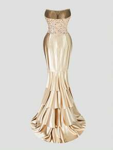 Faeriesty 奢华缎面露肩晚礼服，饰有亮片细节 - 闪亮亮片紧身胸衣，多层荷叶边缎面裙 - 生日女士服装，适合庆典、婚礼、舞会和高端颁奖典礼 - 香檳色 - 查看 10