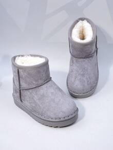 秋冬儿童雪地靴，中帮平底毛绒内衬女童鞋，厚底保暖男童靴，幼儿短靴 - 灰色 - 查看 7