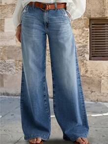 Plus Size Women Spring New Distressed Elastic Wide Leg Straight Jeans, Pockets Casual Versatile Mom Jeans