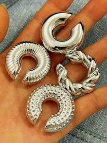 Bộ 4 chiếc kẹp tai hình trụ rỗng dày phong cách Hip-Hop Châu Âu và Mỹ phóng đại, hoa tai mạ vàng không cần xỏ khuyên - B Bạc - Xem 2