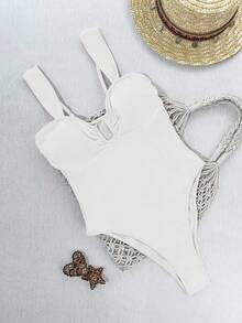 Women's Solid Color Ruched Camisole One-Piece Swimsuit, Fashionable For Vacation - White - View 8