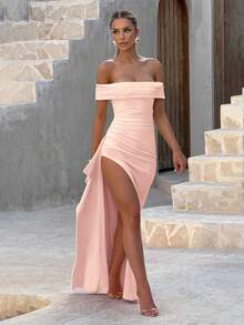 Sexy Off Shoulder Slit Elegant Fitted Long Dress, Super Long Formal Gown For Weddings, Bridesmaid Dress, Christmas Party Dress, Cocktail & Formal Gown - Coral Pink - View 3