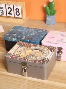 1pc Vintage Style Large Capacity Metal Tin Box With Lock And Key - Ideal For Cosmetics, Jewelry And Certificates - Black Metallic Art Tin