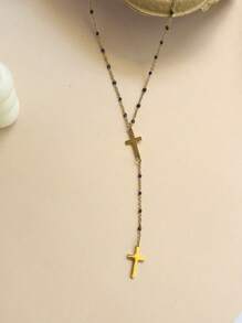 1pc Fashionable Simple Cross Oil Drop Y-Shaped Tassel Stainless Steel Necklace, Suitable For Women Daily Wear, Gift For Friends